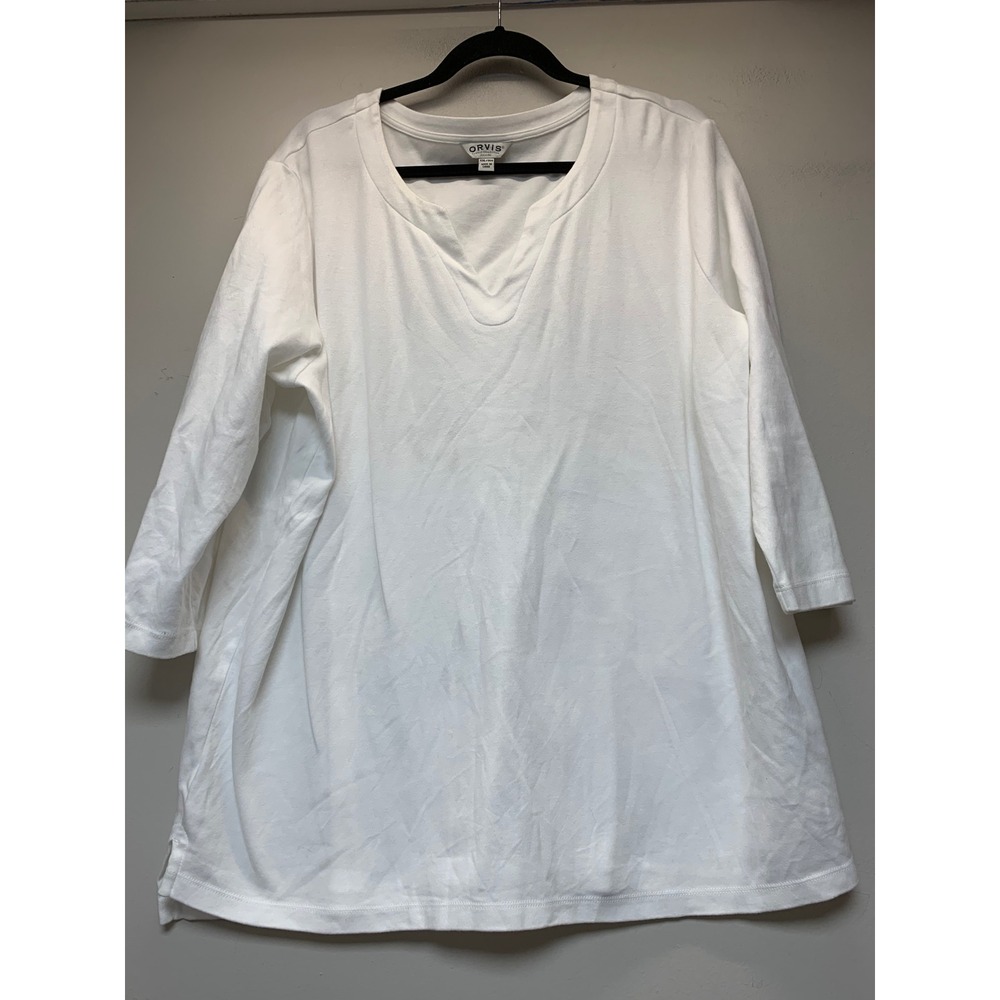 Orvis Tunic Top Womens XXL White Excellent 3/4โ Sleeve Split Neck Cotton Blend
